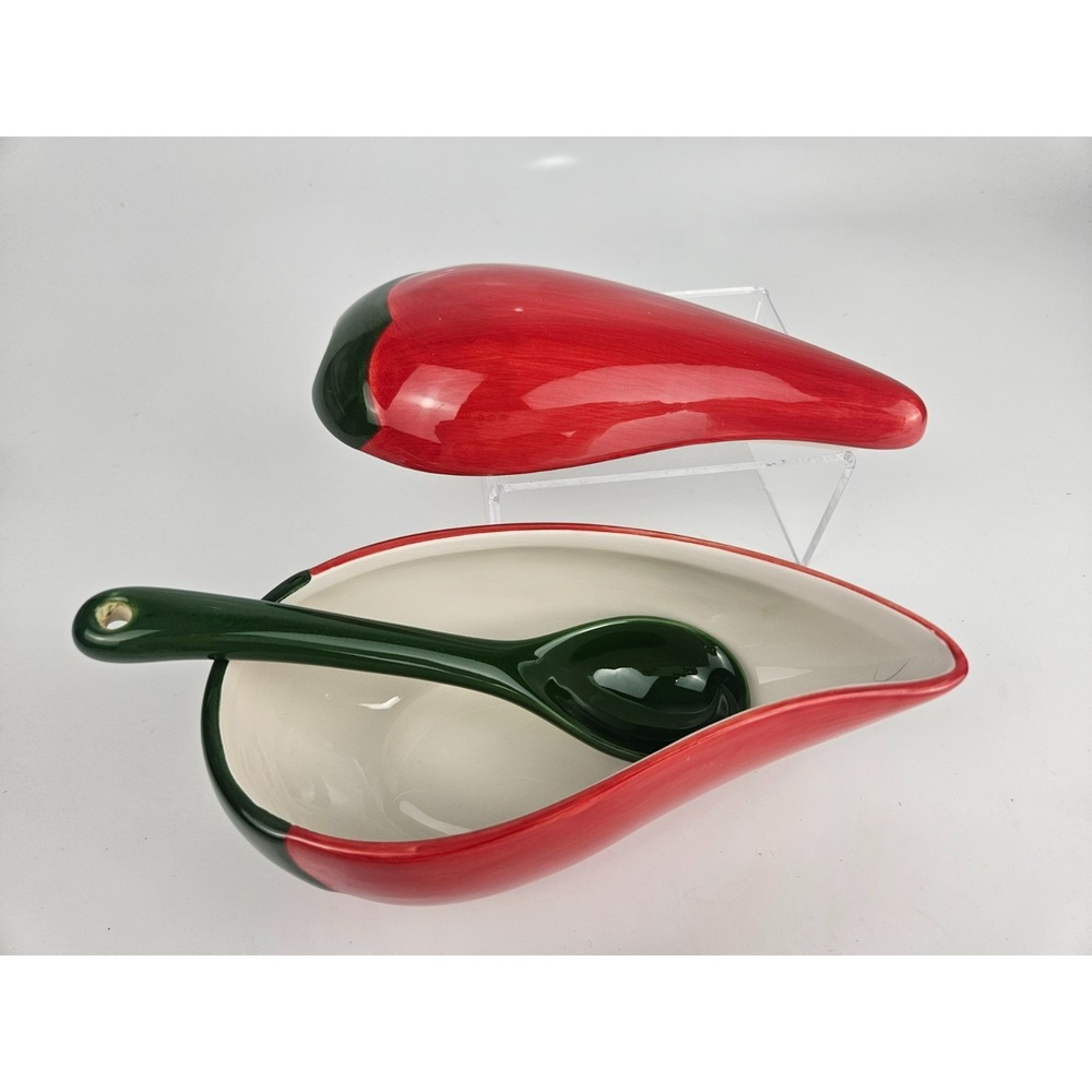Ceramic Chili Pepper Covered Dish‎ w Spoon Red Green Salsa Server